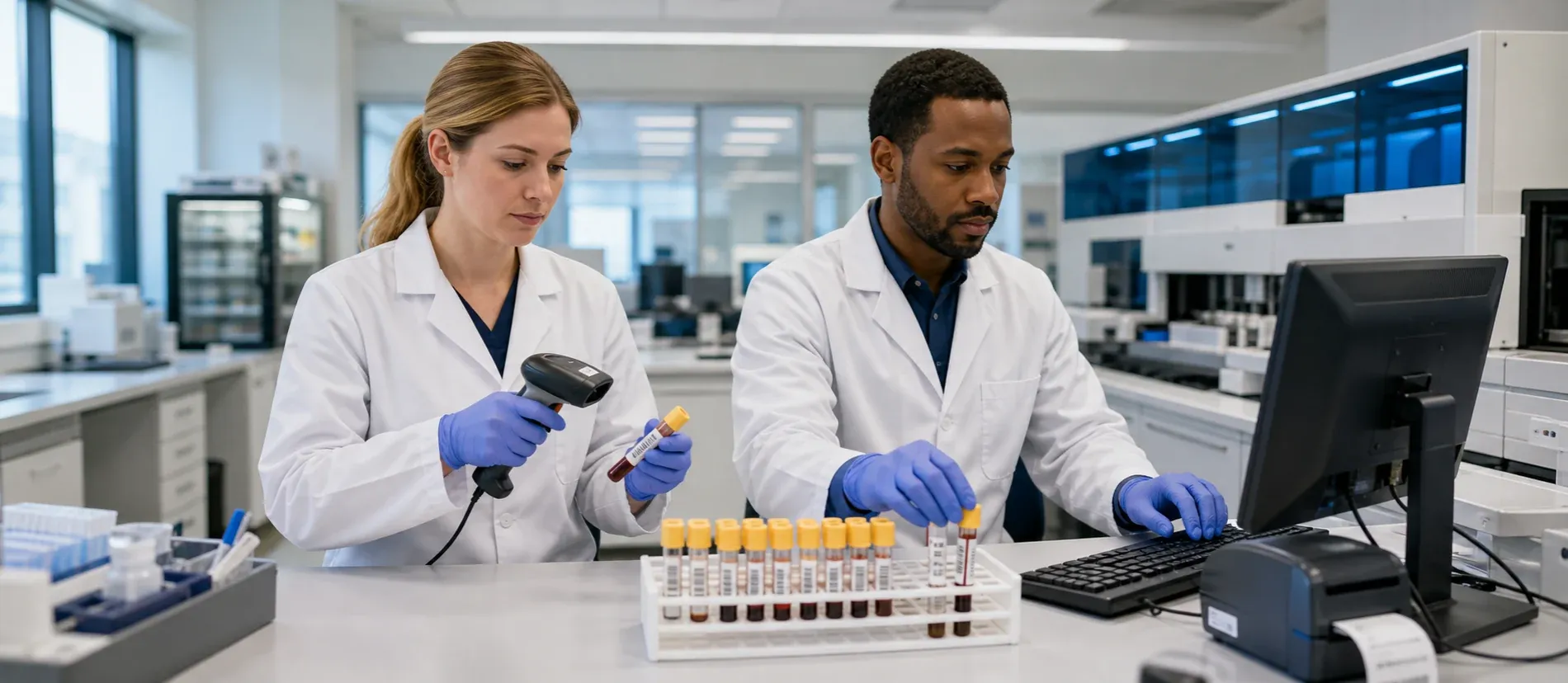 Two laboratory professionals scan and verify barcoded specimens during diagnostic accessioning