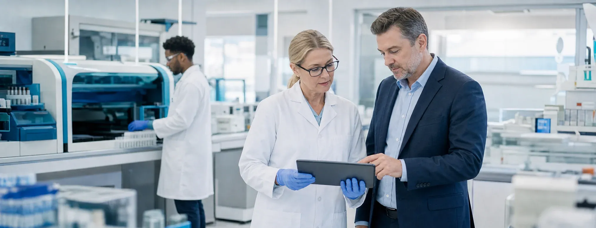A laboratory leader and an operations executive reviewing a diagnostic operation