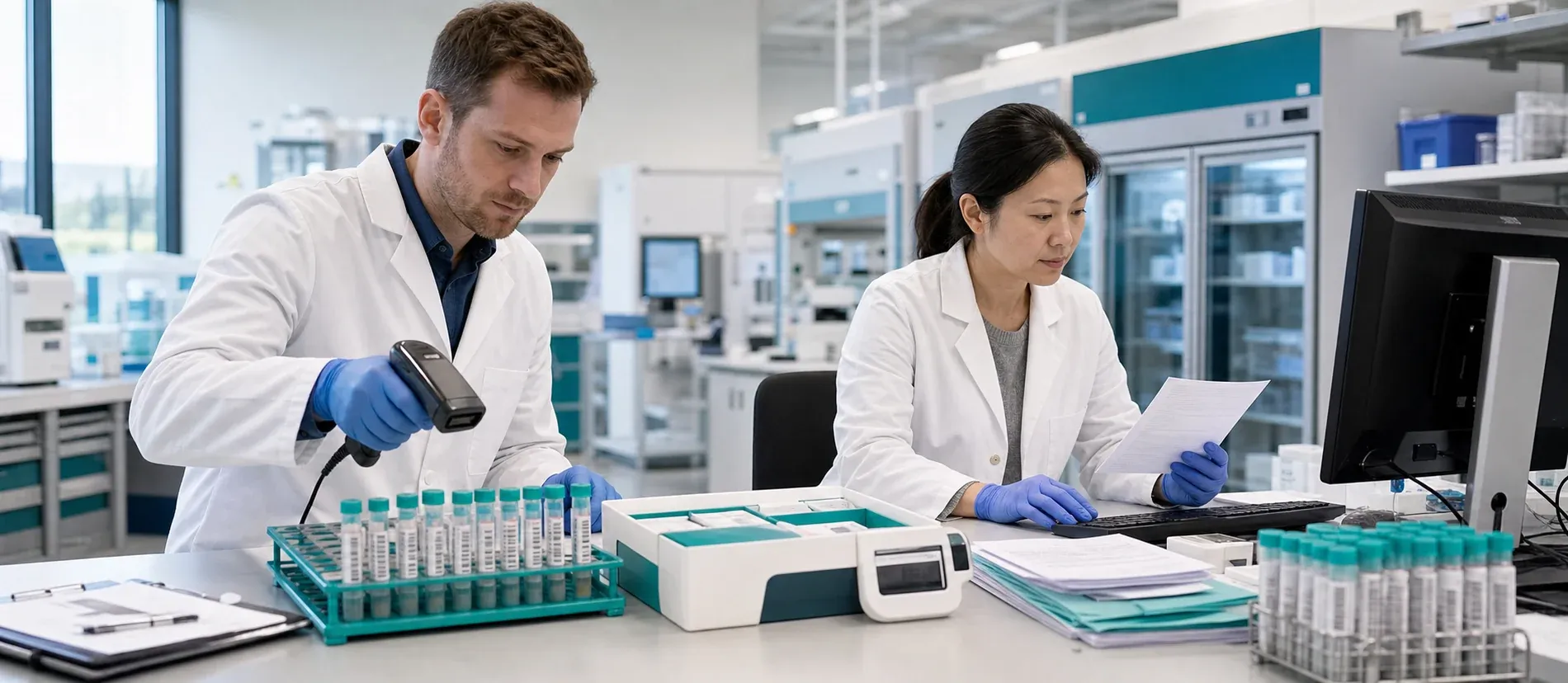 Two clinical research professionals reconcile barcoded study specimens with protocol records