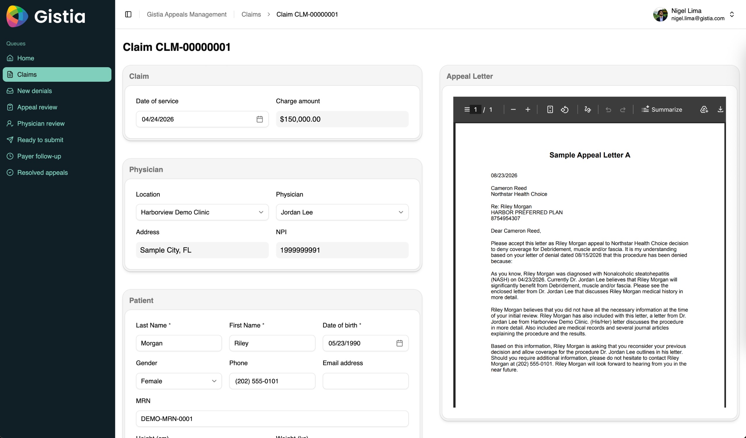 Gistia Appeal Management Portal claim review with supporting evidence and appeal letter.