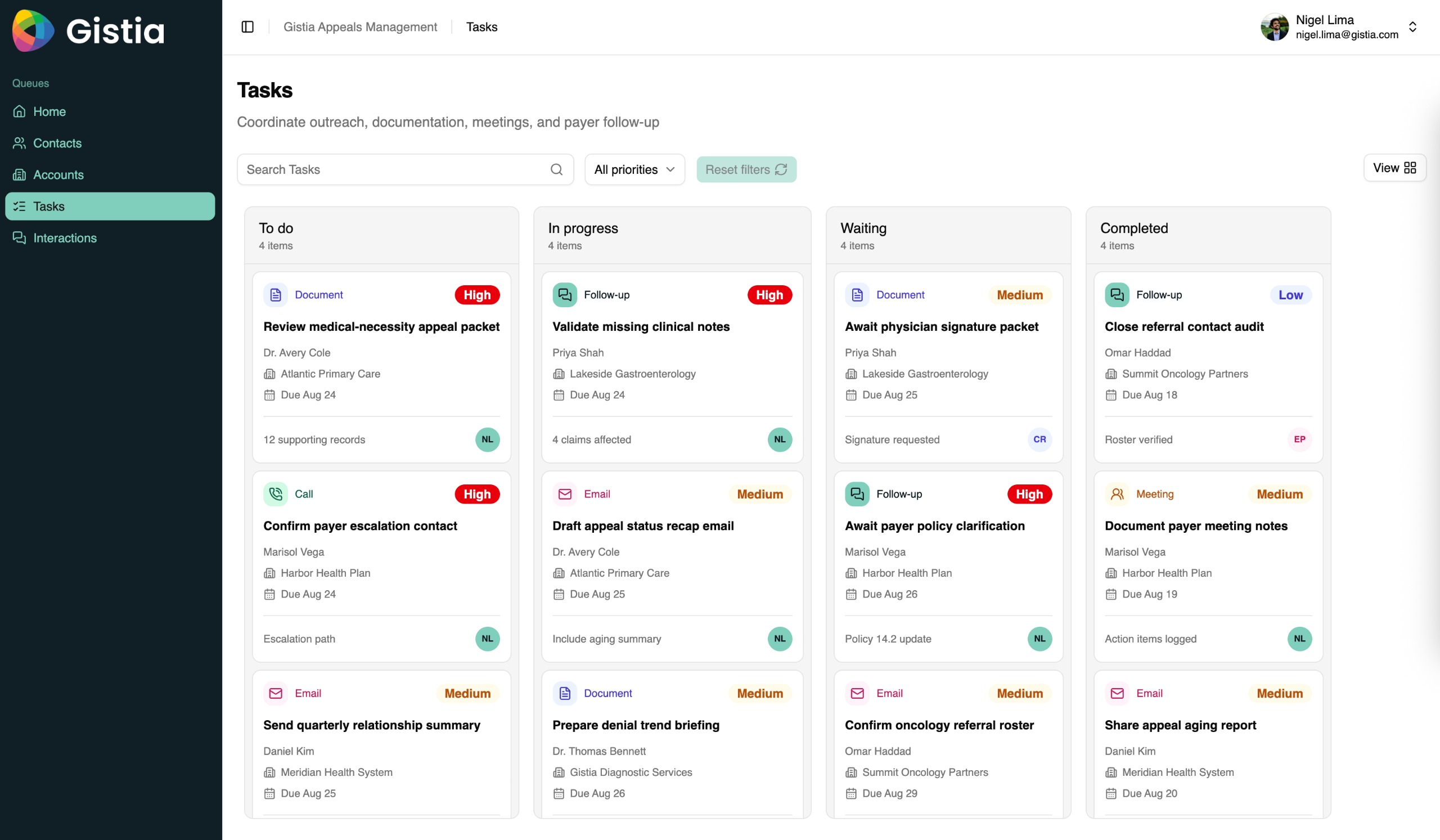 Gistia Diagnostics CRM task view with owners and follow-up activity.