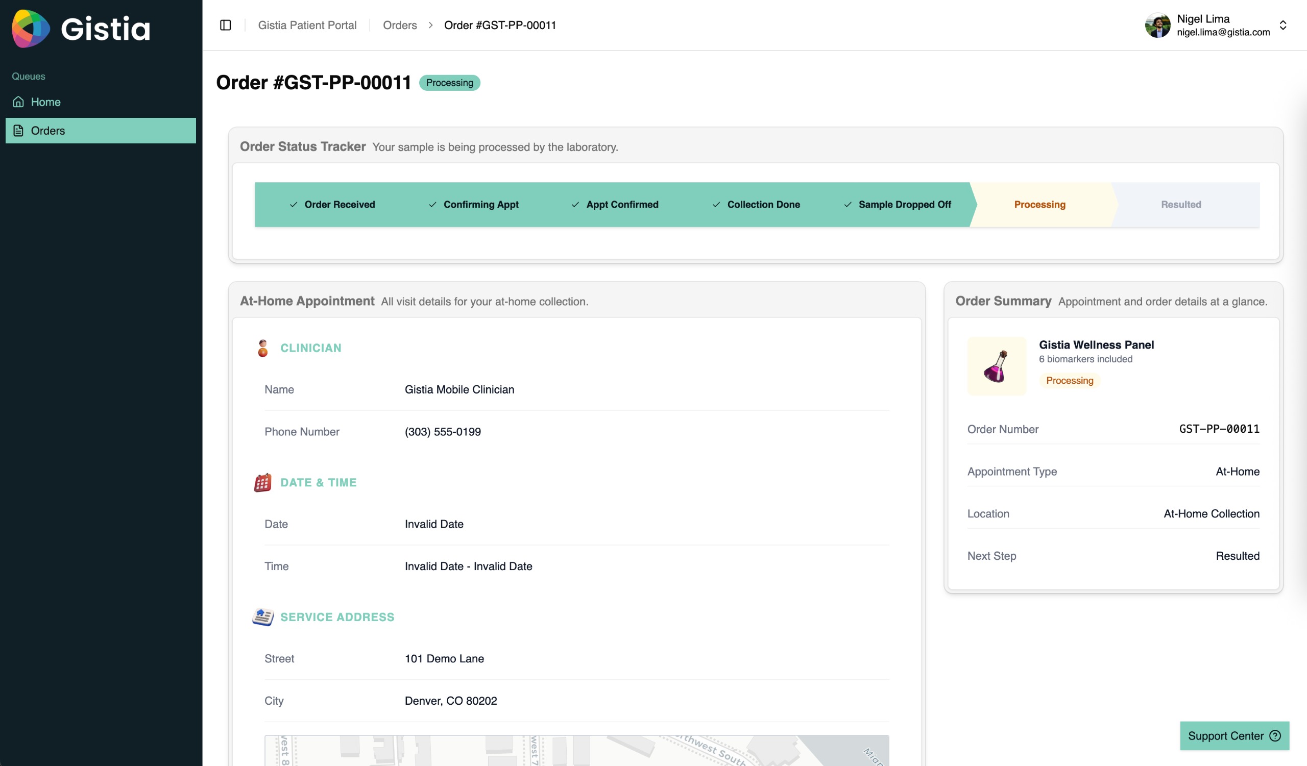 Gistia Direct-to-Consumer Portal showing diagnostic order progress and next steps.