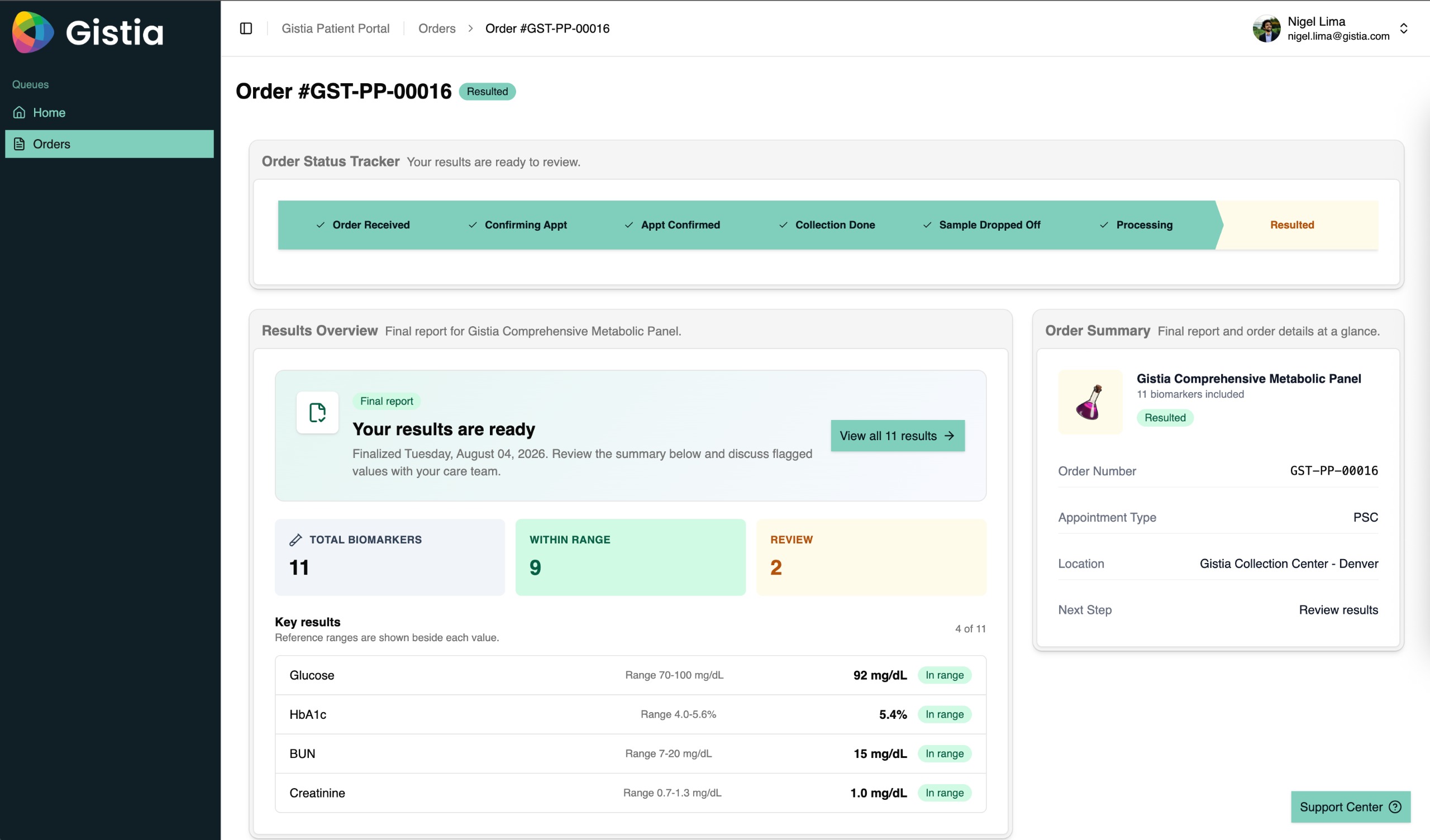 Gistia Direct-to-Consumer Portal notifying a patient that diagnostic results are ready.