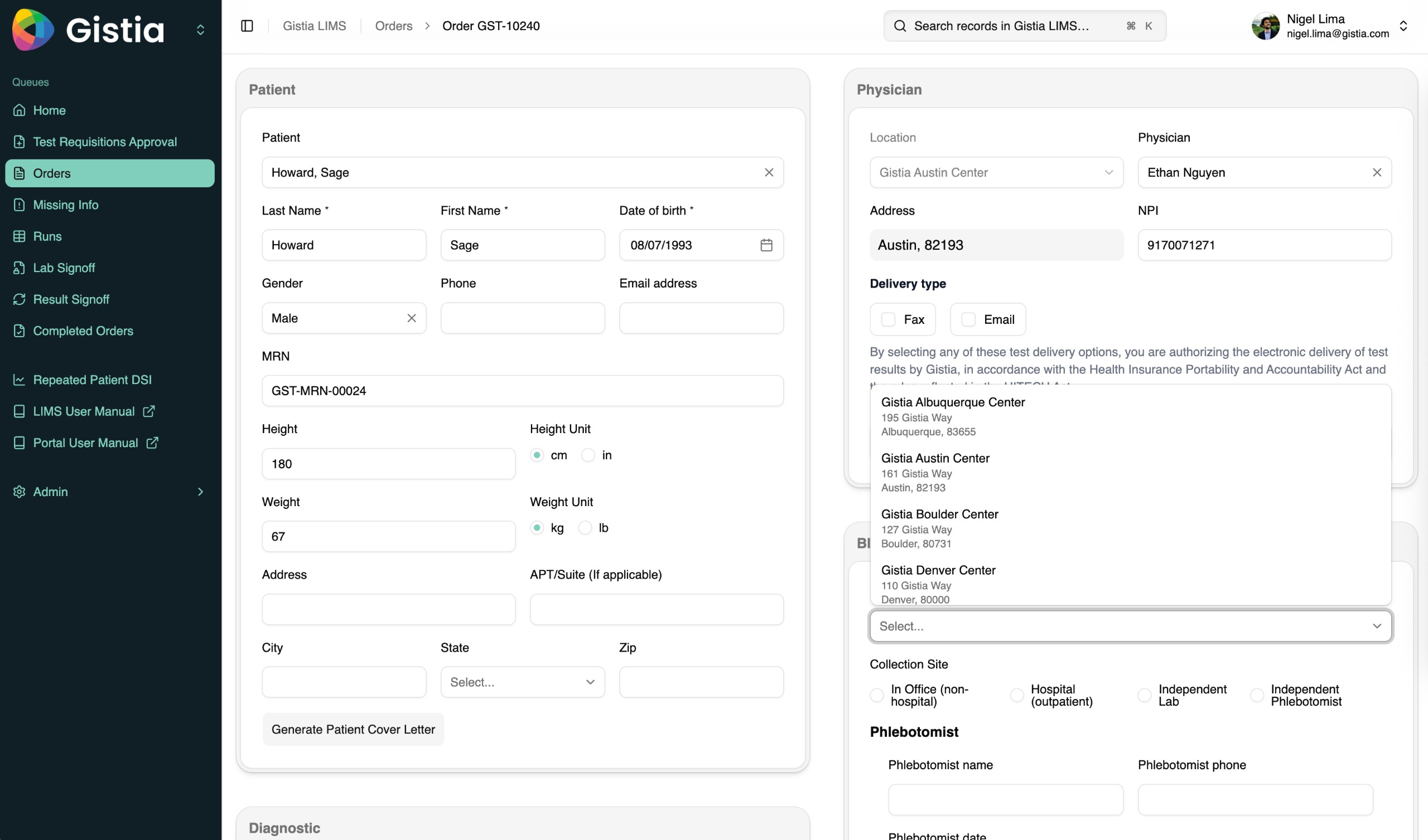 Gistia LIMS accession and order record with patient, provider, and specimen details.