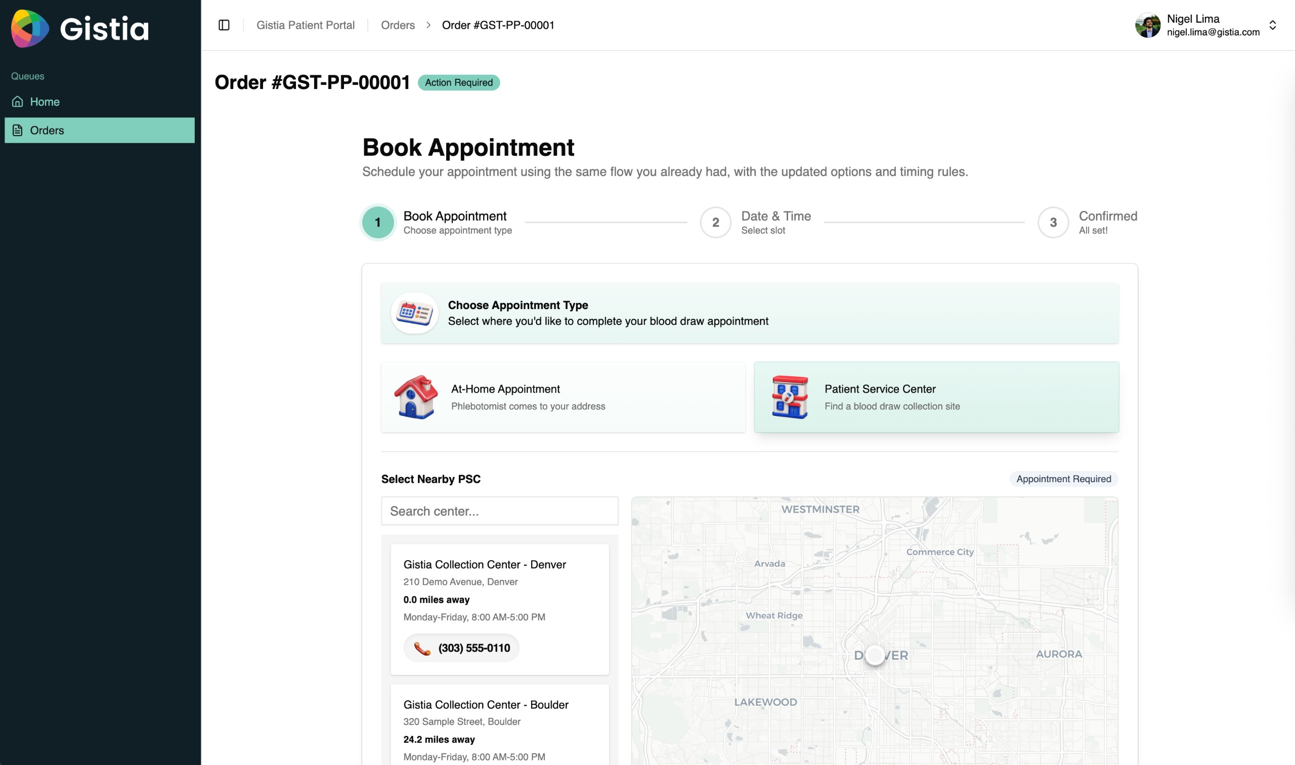 Gistia appointment scheduling screen for selecting a diagnostic service and location.