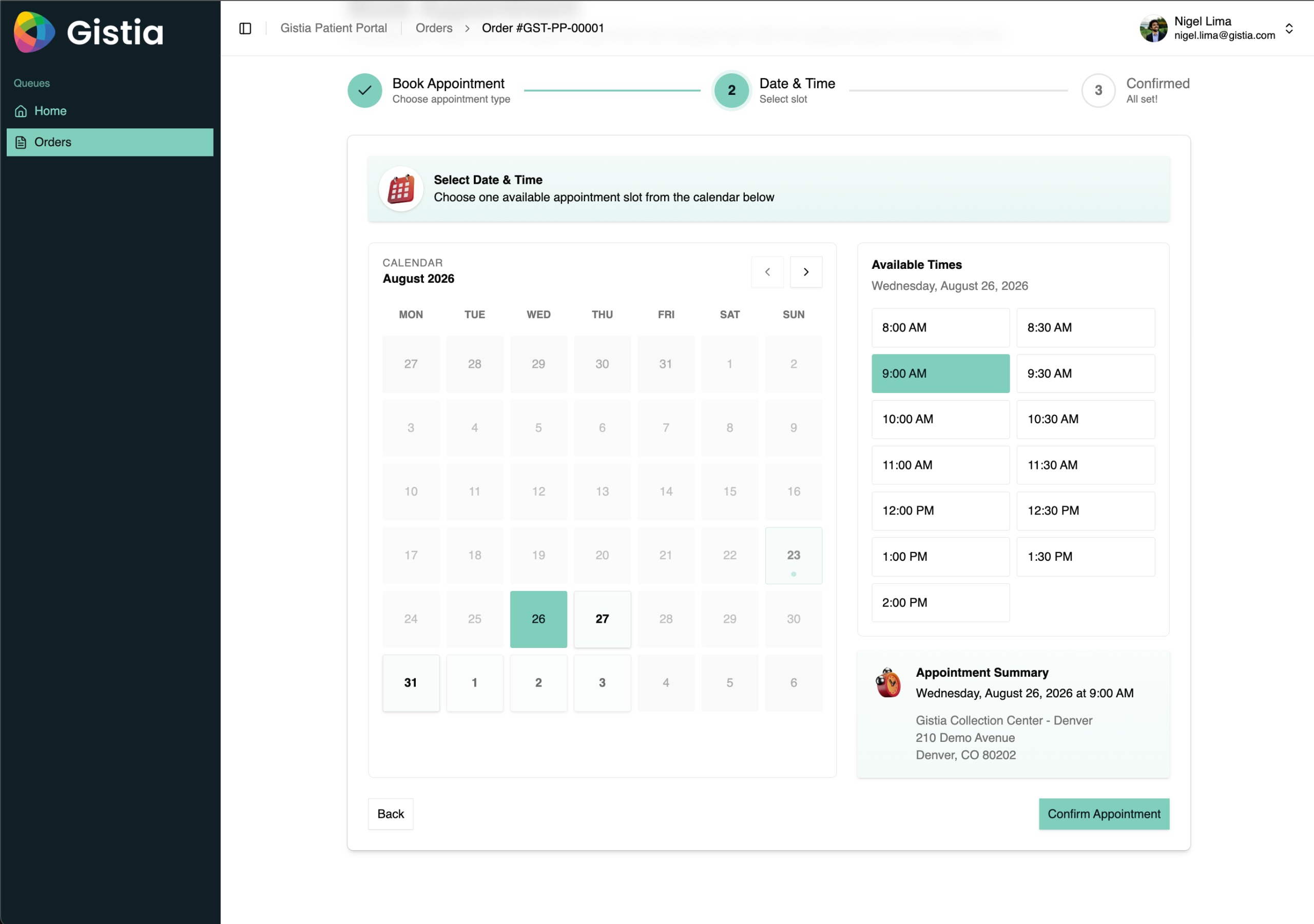 Gistia appointment scheduling screen with available dates and appointment times.