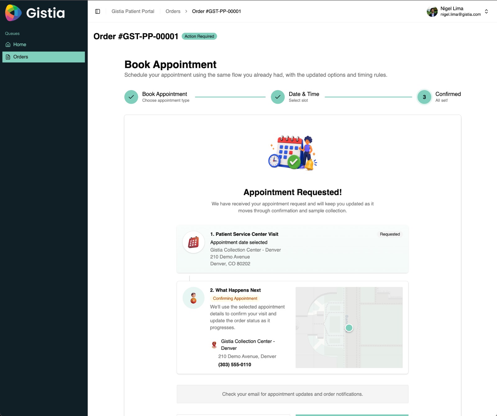 Gistia diagnostic appointment confirmation with visit details and preparation guidance.