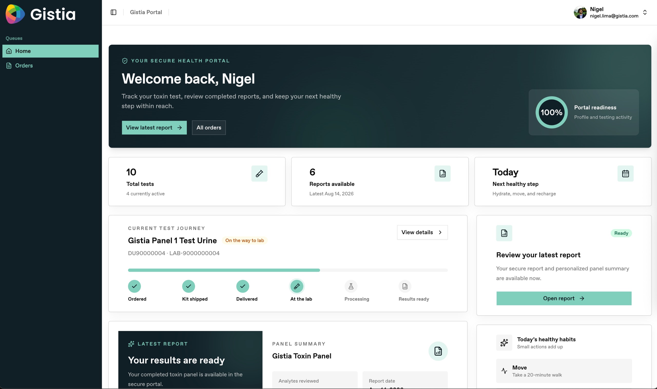 Gistia Patient Results Portal dashboard with released laboratory reports.