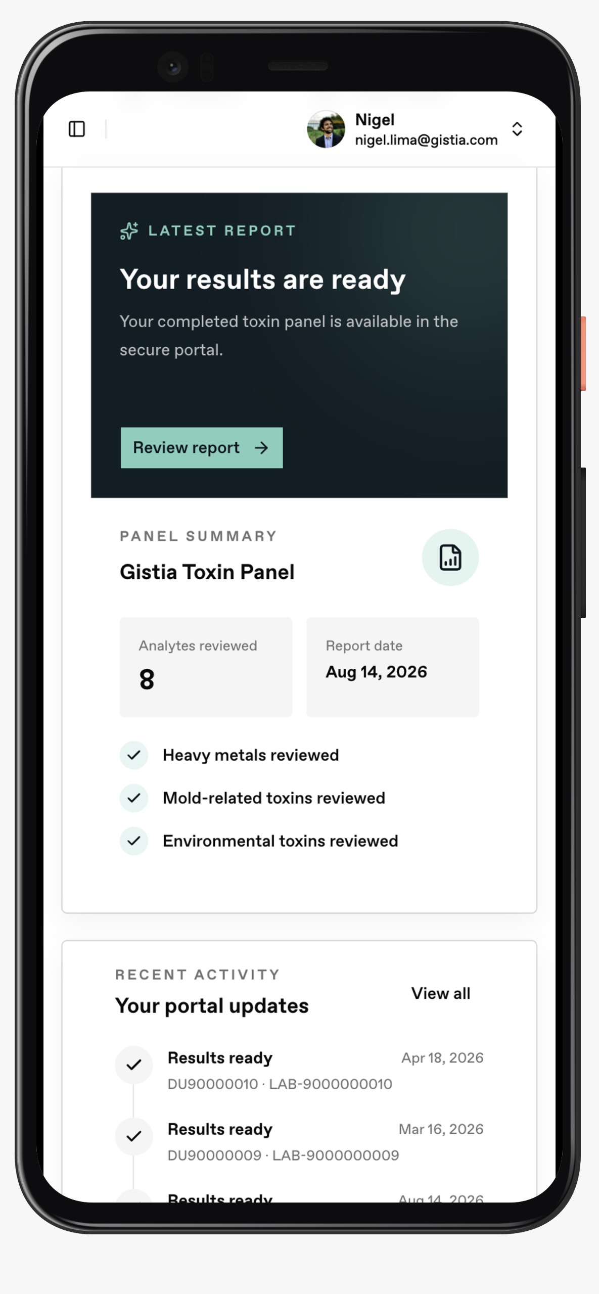 Gistia Patient Results Portal shown on a mobile device.