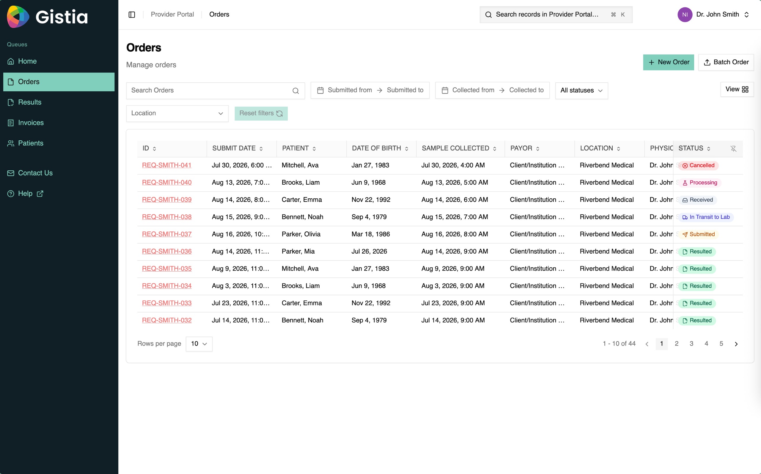 Gistia Provider Ordering Portal order queue with filters and status labels.