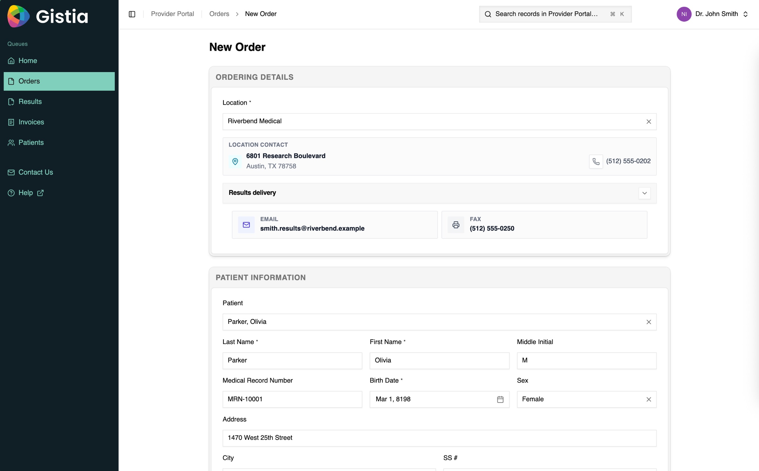 Gistia Provider Ordering Portal new-order screen with provider location and patient information.