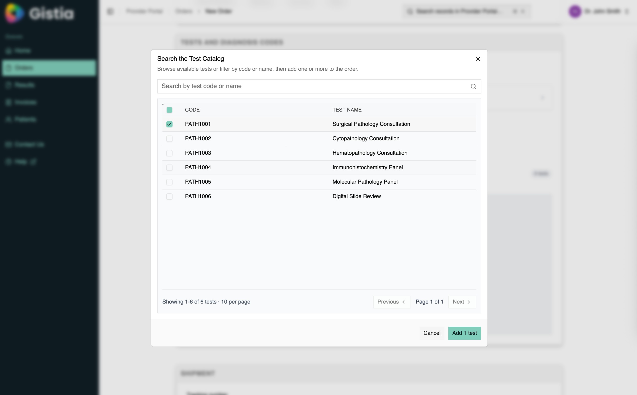 Gistia Provider Ordering Portal test catalog with configured pathology services.