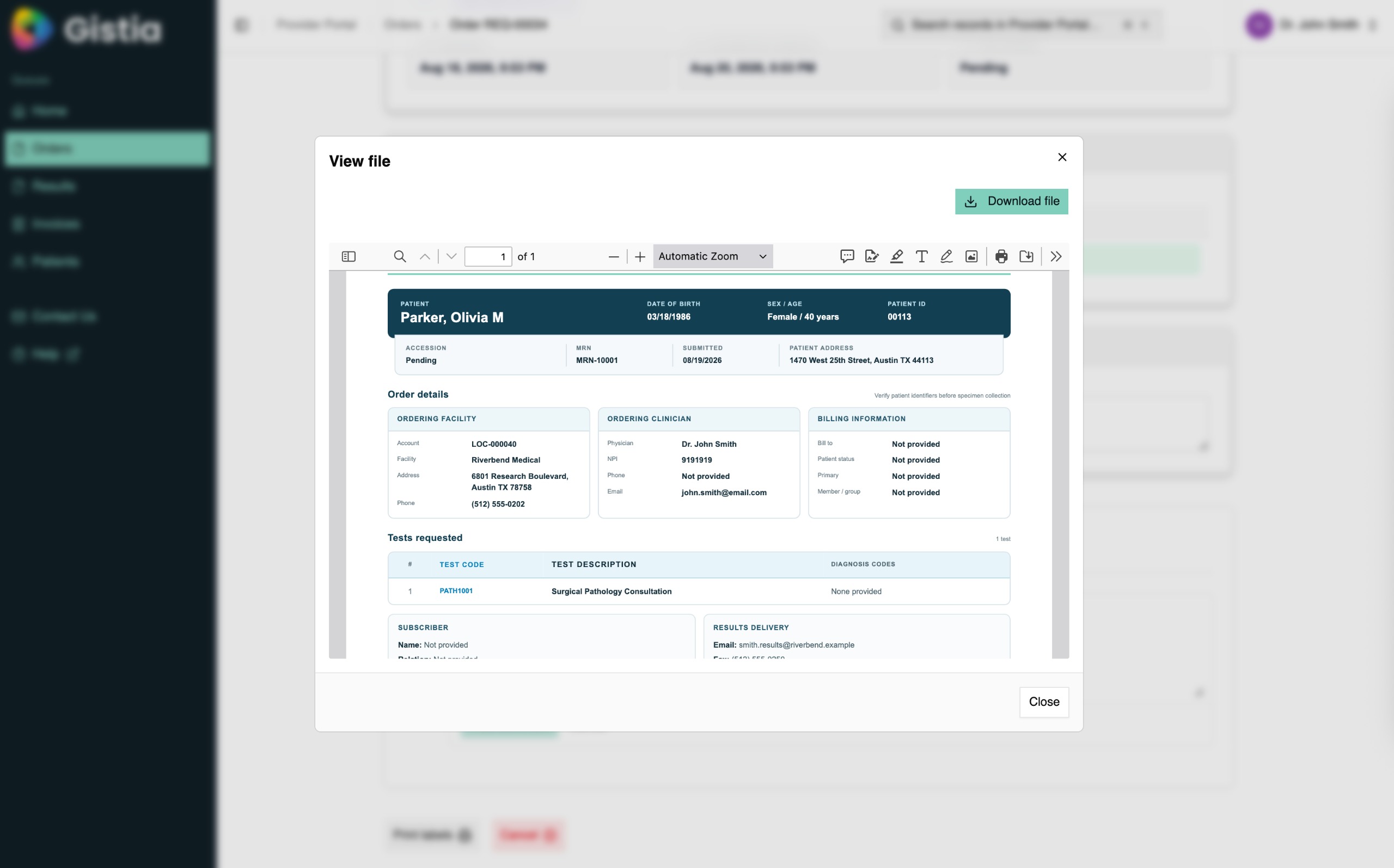 Gistia Provider Ordering Portal requisition shown in a document viewer.