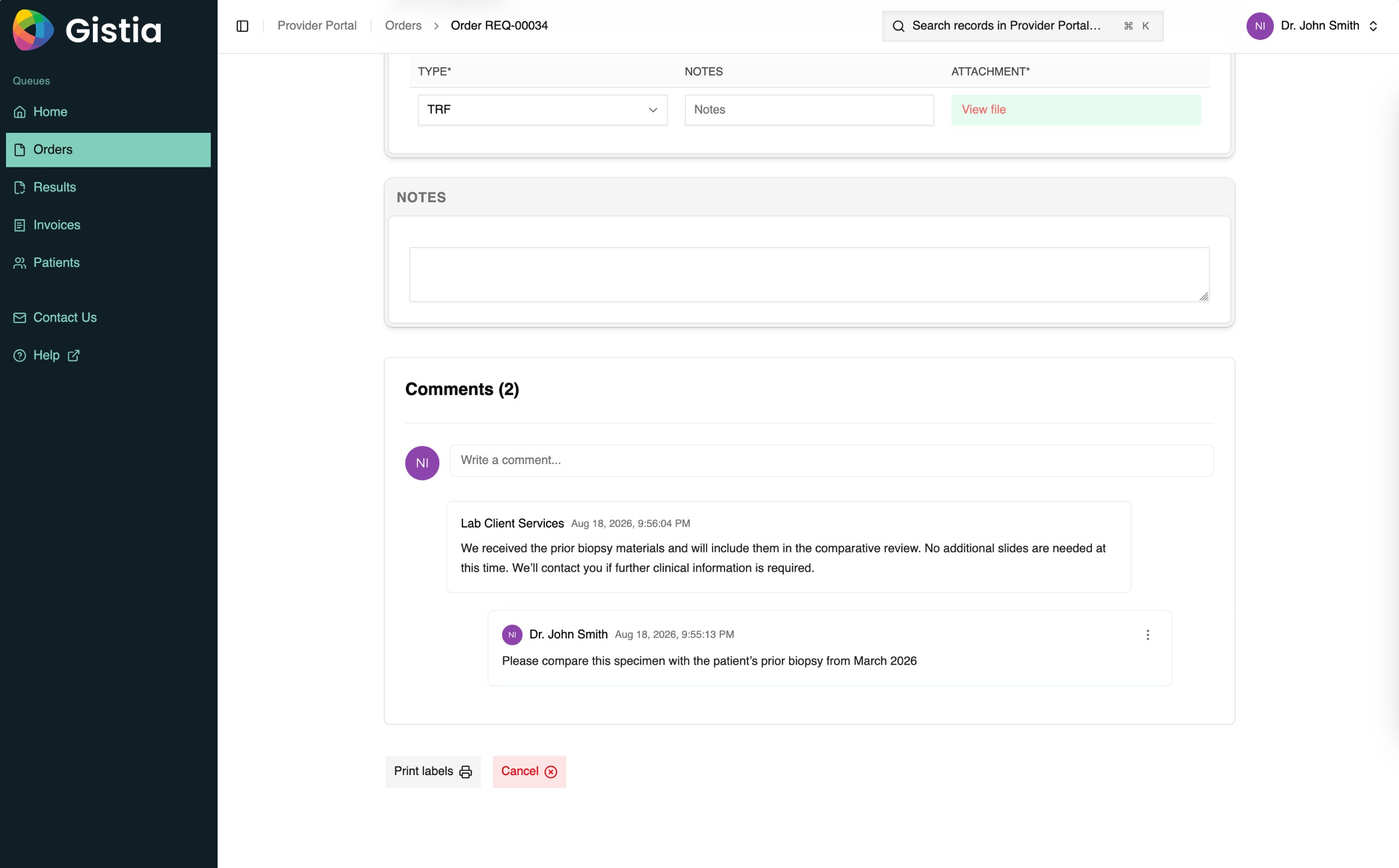 Gistia Provider Ordering Portal comments attached to a laboratory order.