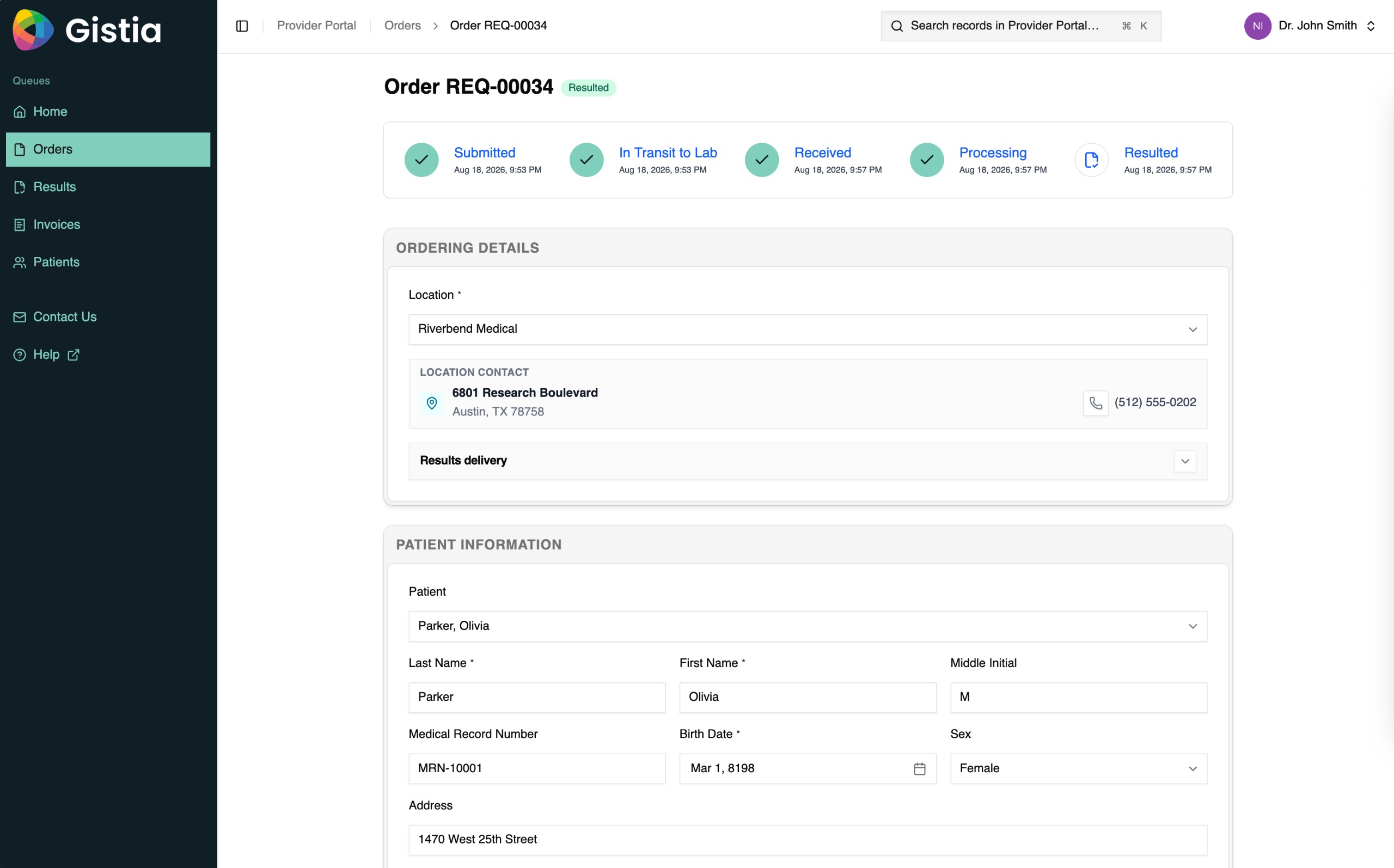 Gistia Provider Ordering Portal order status view with lifecycle milestones.