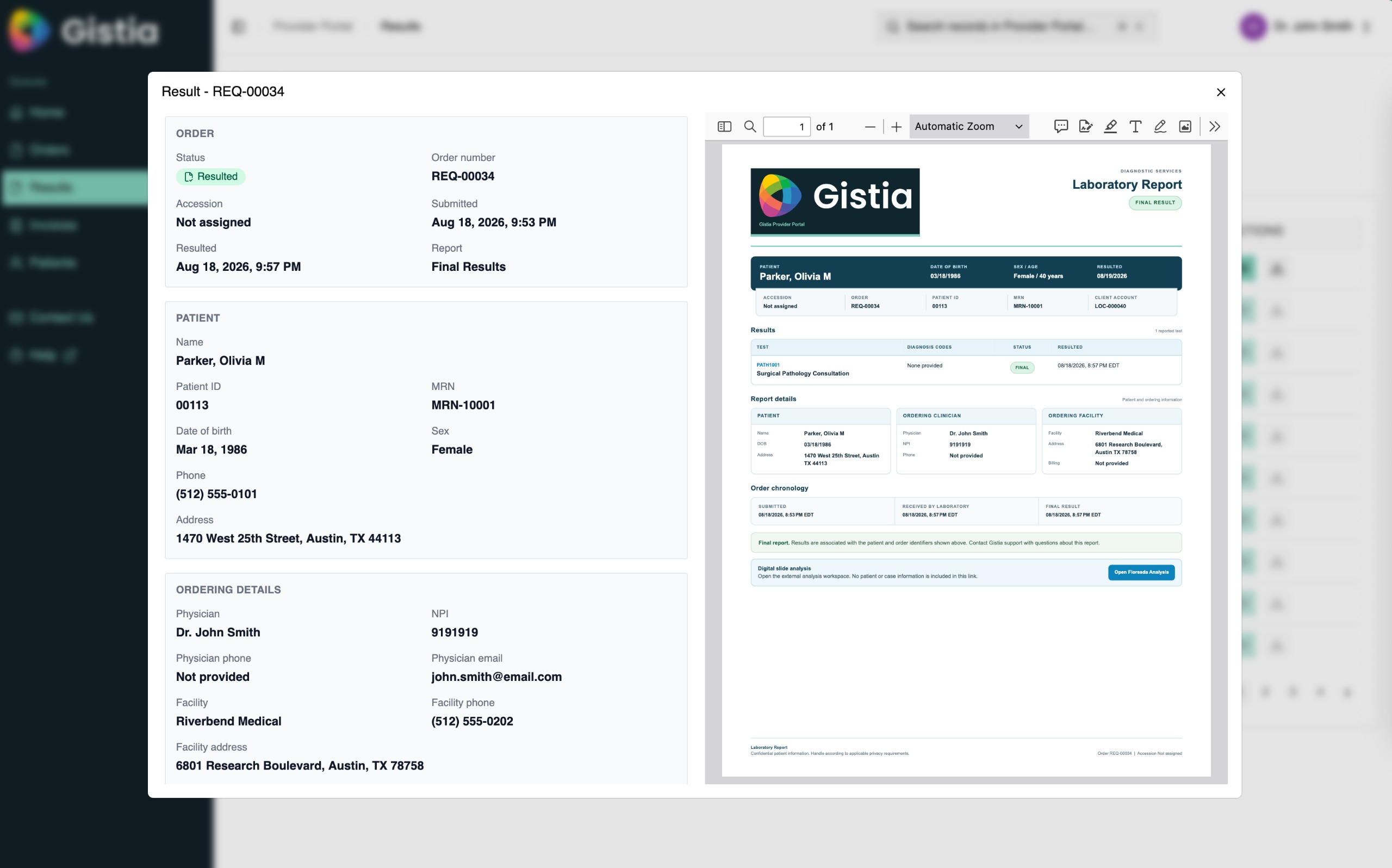 Gistia Provider Ordering Portal final laboratory result with patient and ordering details.