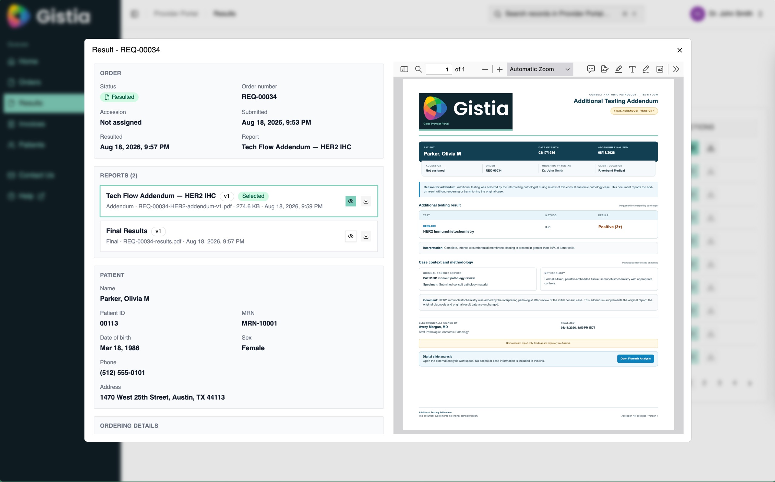 Gistia Provider Ordering Portal additional-testing addendum beside the original result.
