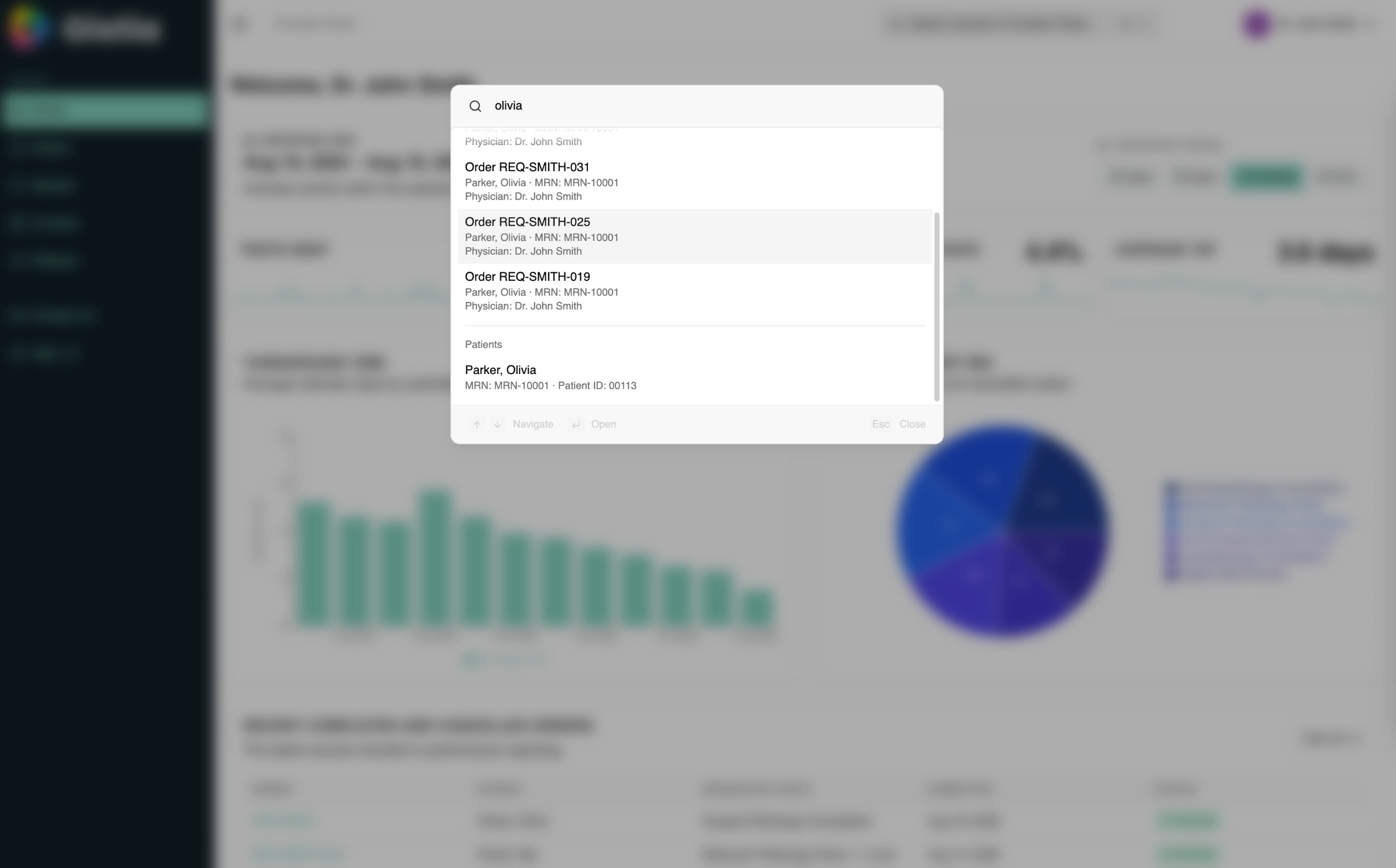 Gistia Provider Ordering Portal global search with matching orders and patient records.