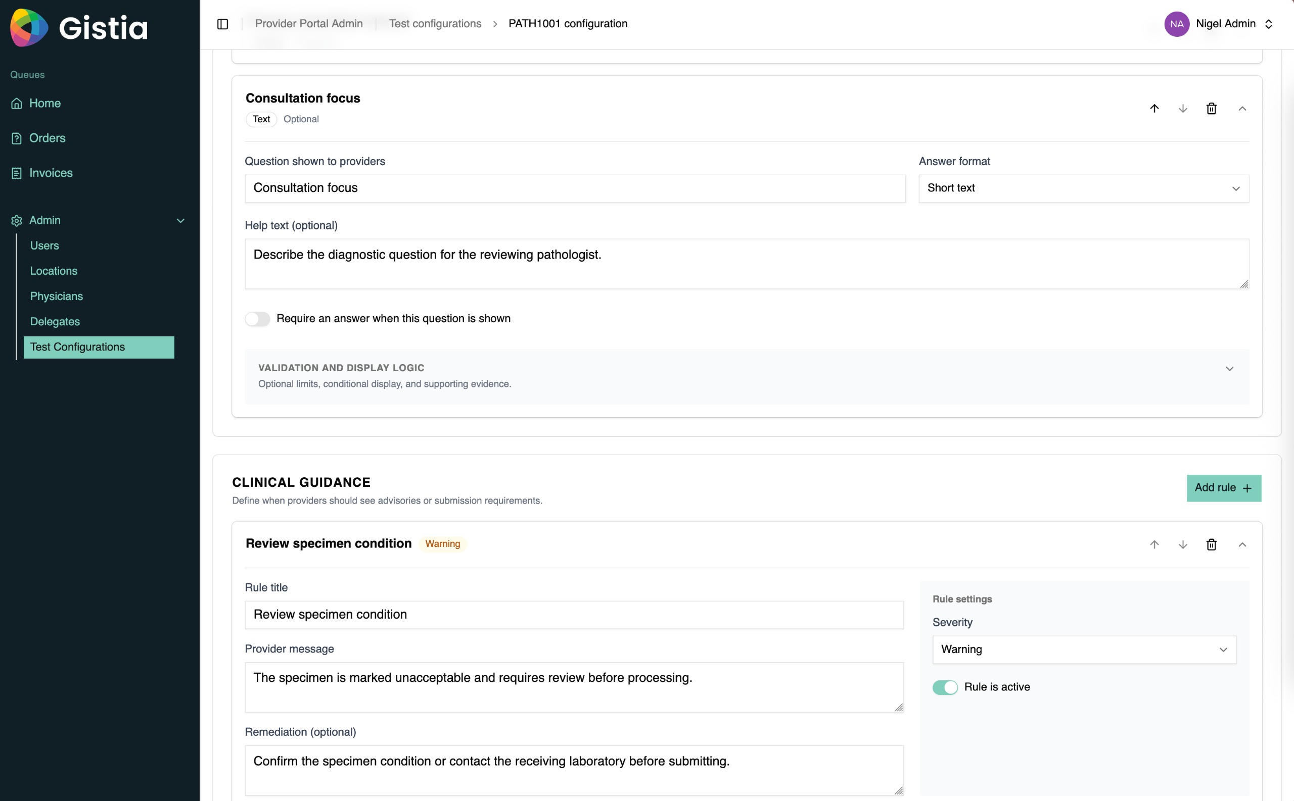 Gistia Provider Ordering Portal test configuration with questions and validation guidance.