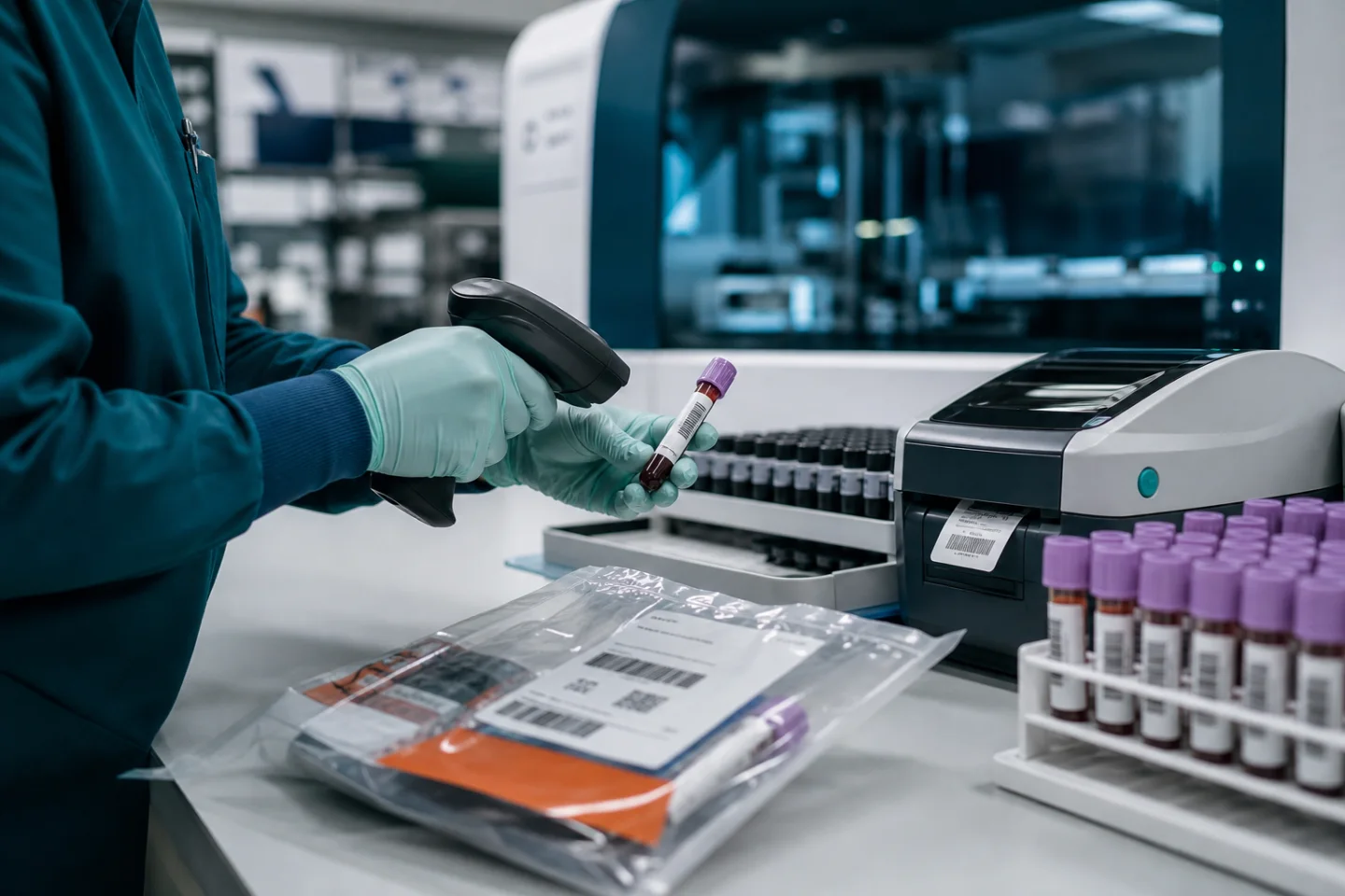 A laboratory professional scans a barcoded blood specimen as it enters the diagnostic workflow