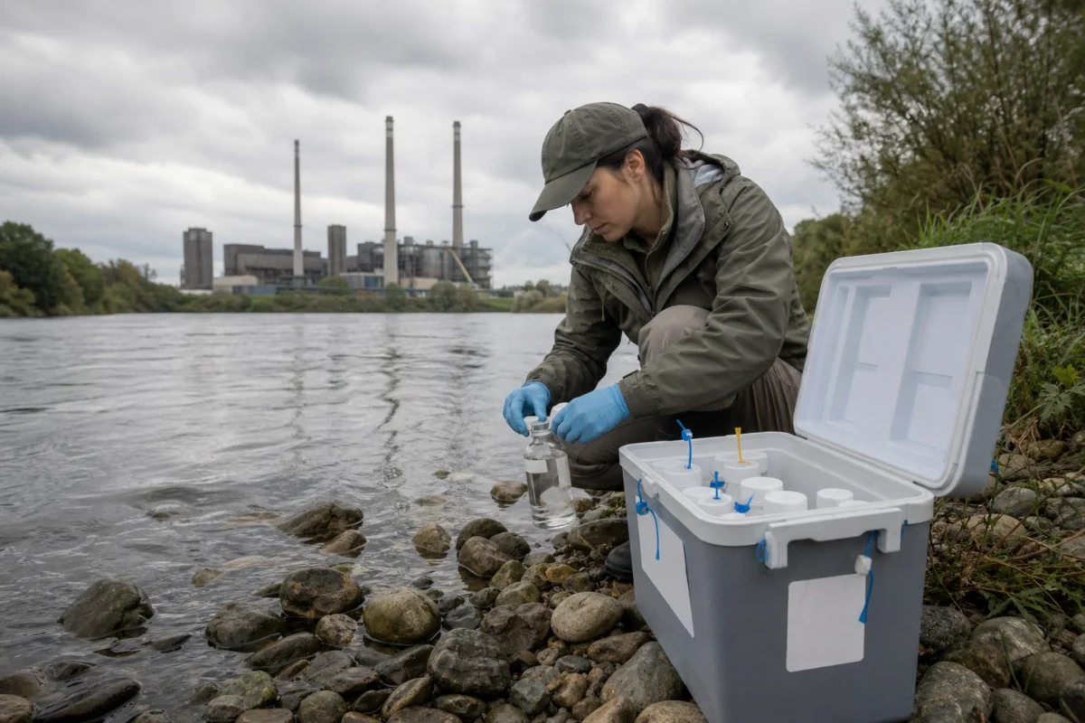 An environmental scientist seals a water sample beside an organized chain-of-custody cooler
