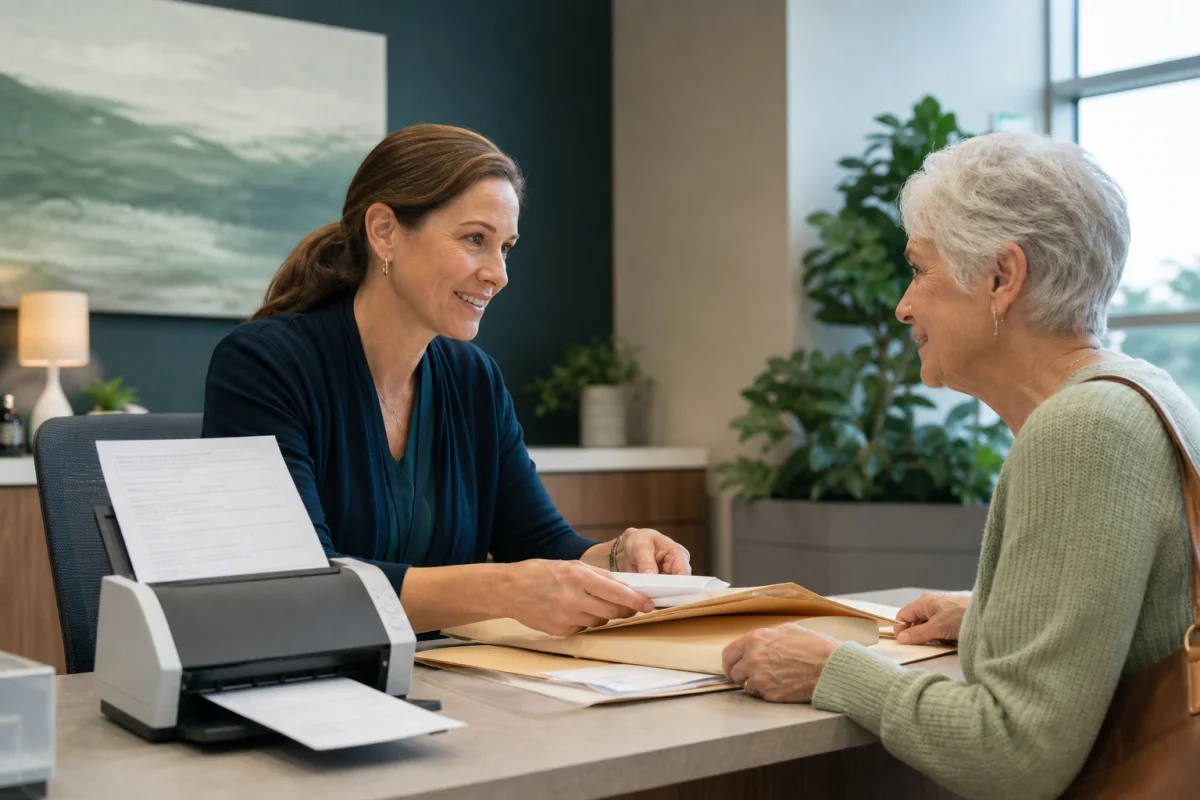 A financial-assistance coordinator helps a patient with application documents beside a document scanner