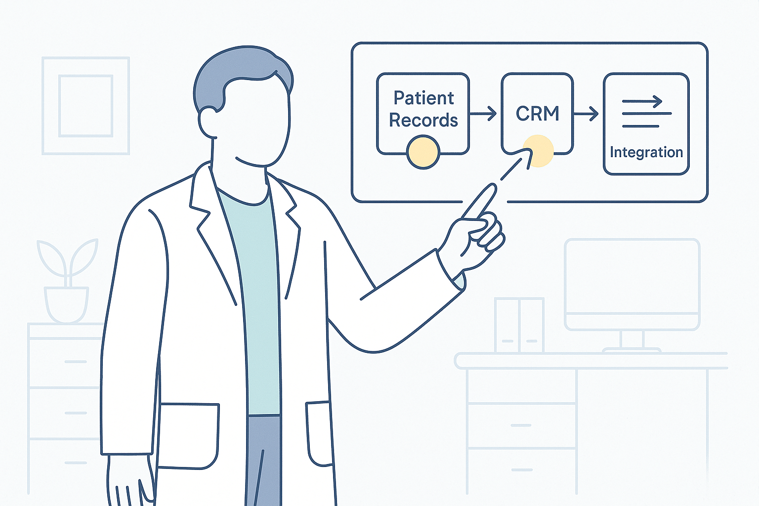 Medical professional pointing to CRM integration workflow diagram showing patient records flowing through CRM system