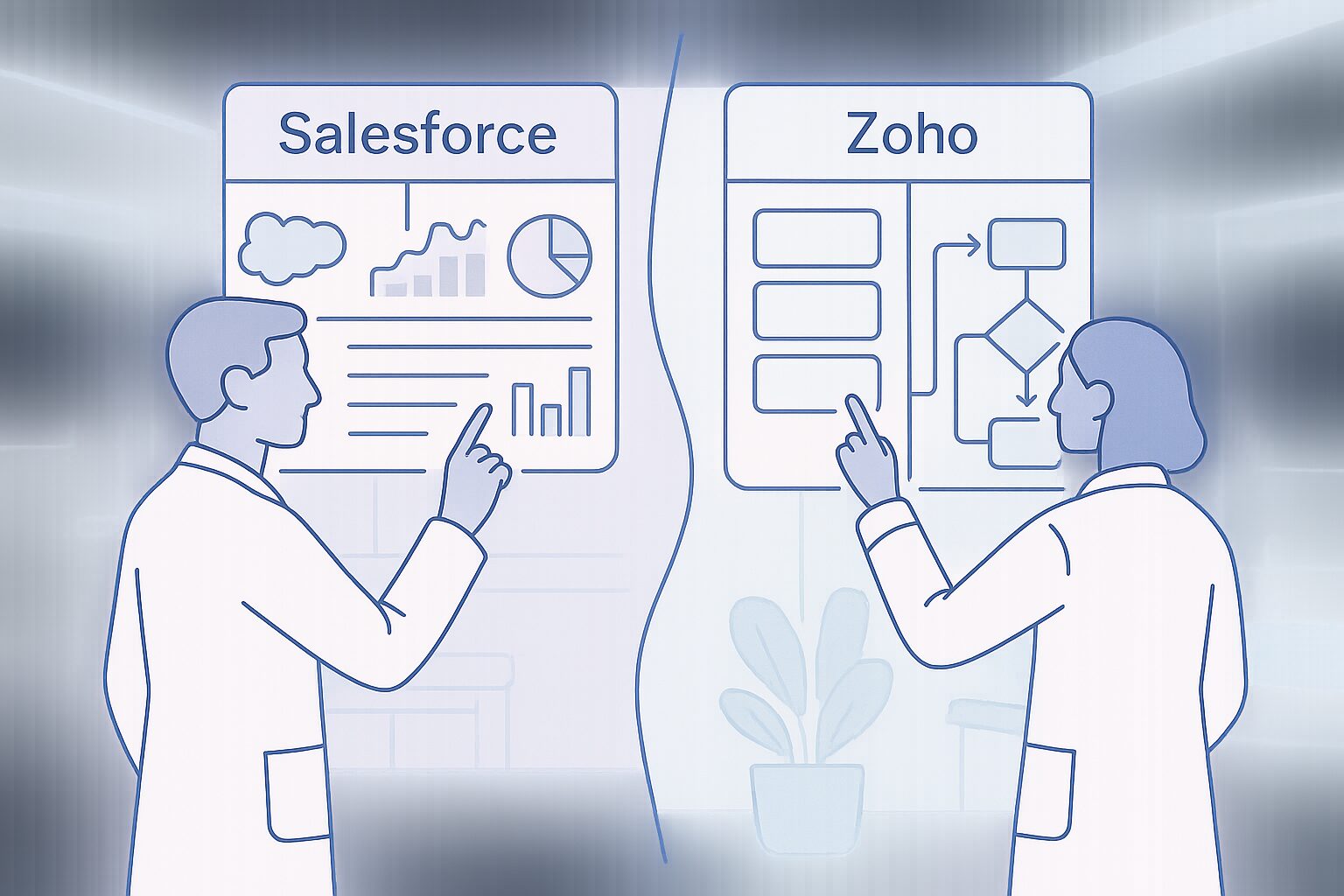 Comprehensive comparison chart showing Salesforce Health Cloud vs Zoho CRM features, pricing, and healthcare-specific capabilities